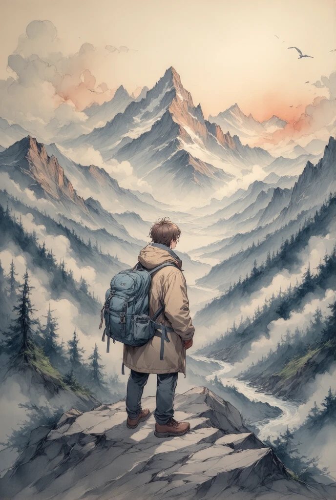  A lone traveler standing at the top of a mountain ,  gazing at the vast and beautiful scenery .
 Traveller wearing a worn travel coat ,  carrying a backpack full of necessities .
 The scenery in the background shows the mountains in the distance,  dense forests and winding rivers ,  symbolizes the many adventures and challenges encountered .
 The sky is dyed in rose and orange tones , Indicate a peaceful sunset .
 atmosphere is both melancholy and inspiring ,  reflects the loneliness of the trip and the .