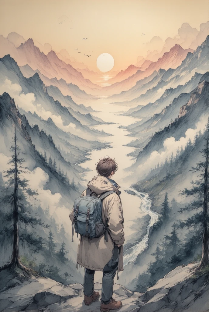  A lone traveler standing at the top of a mountain ,  gazing at the vast and beautiful scenery .
 Traveller wearing a worn travel coat ,  carrying a backpack full of necessities .
 The scenery in the background shows the mountains in the distance,  dense forests and winding rivers ,  symbolizes the many adventures and challenges encountered .
 The sky is dyed in rose and orange tones , Indicate a peaceful sunset .
 atmosphere is both melancholy and inspiring ,  reflects the loneliness of the trip and the .