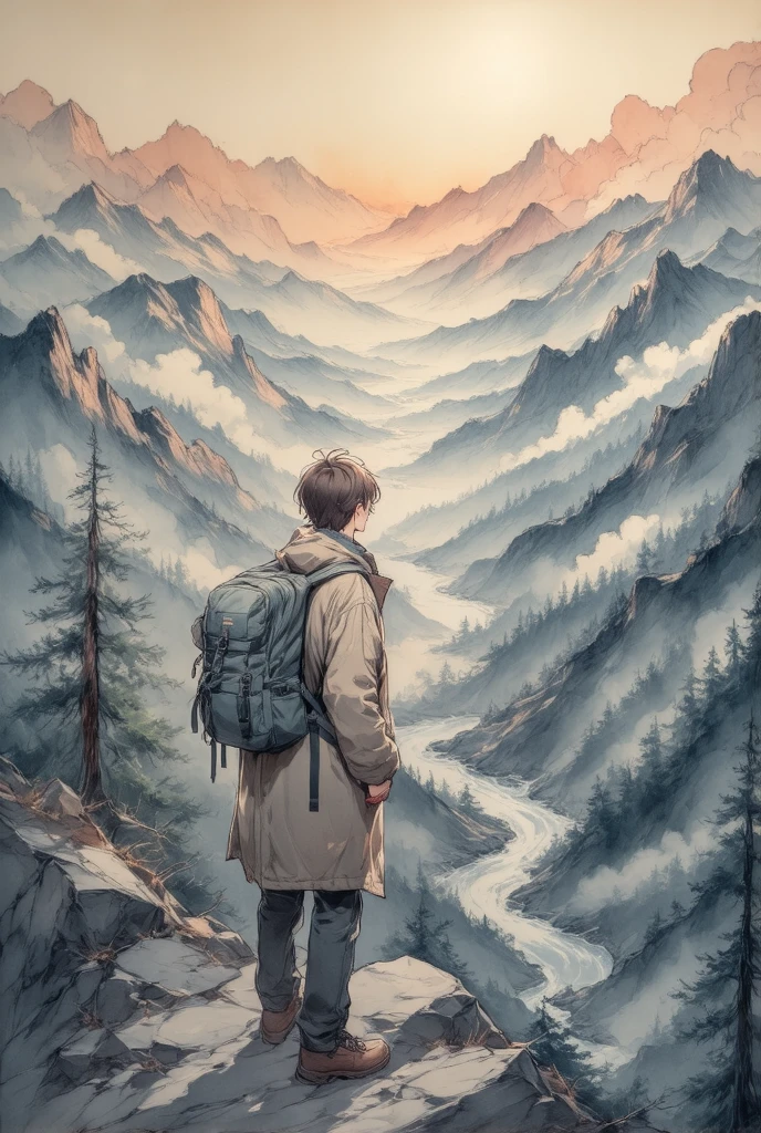  A lone traveler standing at the top of a mountain ,  gazing at the vast and beautiful scenery .
 Traveller wearing a worn travel coat ,  carrying a backpack full of necessities .
 The scenery in the background shows the mountains in the distance,  dense forests and winding rivers ,  symbolizes the many adventures and challenges encountered .
 The sky is dyed in rose and orange tones , Indicate a peaceful sunset .
 atmosphere is both melancholy and inspiring ,  reflects the loneliness of the trip and the .