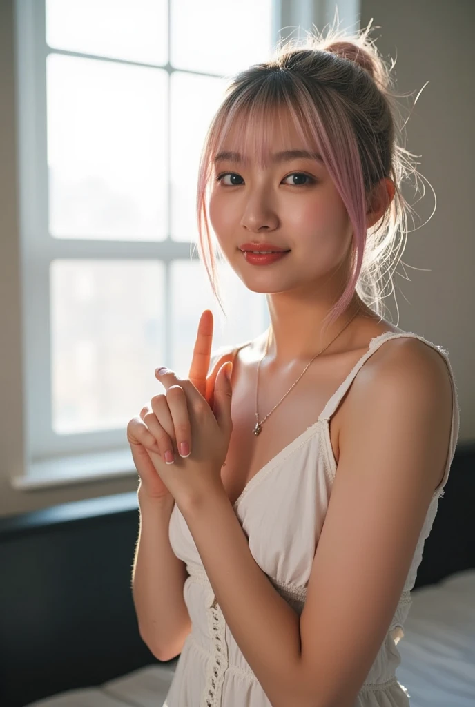 A delicately shot masterpiece of a tanned Asian woman with hyper-realistic silver-and-pink hair. (Profile close-up portrait from waist up: 1.8), ((Woman photographed from the side: 1.6)), Solo, 25 years old, petite, skinny, toned abs, slim waist, ((Wearing a simple, unadorned beige bra: 1.4)), ((Twisting the body to smile at the camera: 1.6)), ((Large D-cup breasts: 1.4)), (Cleavage: 1.4), (Saggy breasts: 1.4), ((Tanned face, tanned skin: 1.4), (Sensual, bold pose highlighting feminine curves: 1.4), (Detailed skin description), (Detailed tanned skin description 1.4), ((Gentle morning sunlight shining in through the window behind her, illuminating her: 1.6), ((Floating dust sparkling with the Tyndall effect 1.4)), (Dirty bedroom in an old hotel in Oslo) 1.6) Memorable photos of women's summer vacations in