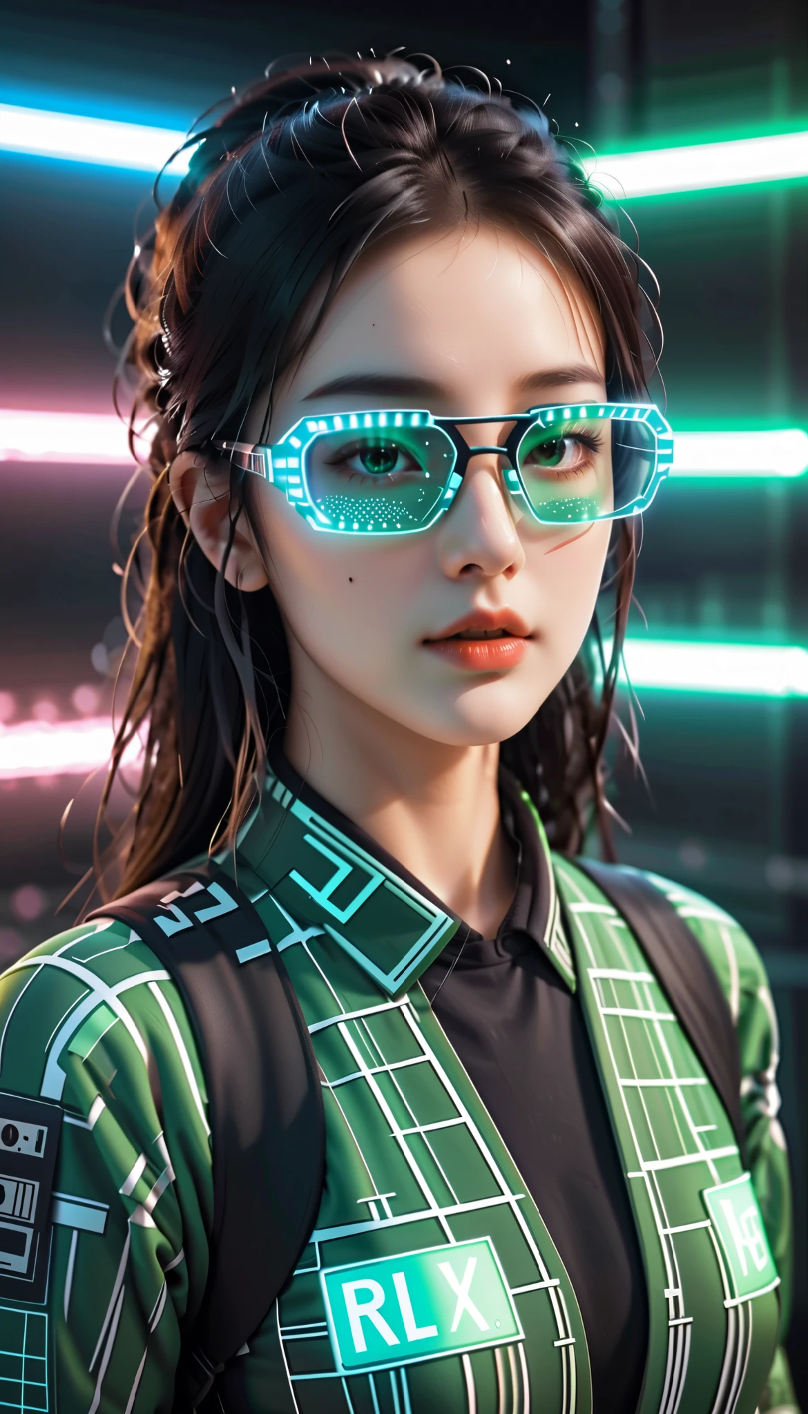 t expresses the beautiful appearance of artificial intelligence on various topics, and the background is matrix coding, Put on cybernetic goggles, A bit of pop art. It feels like a robot