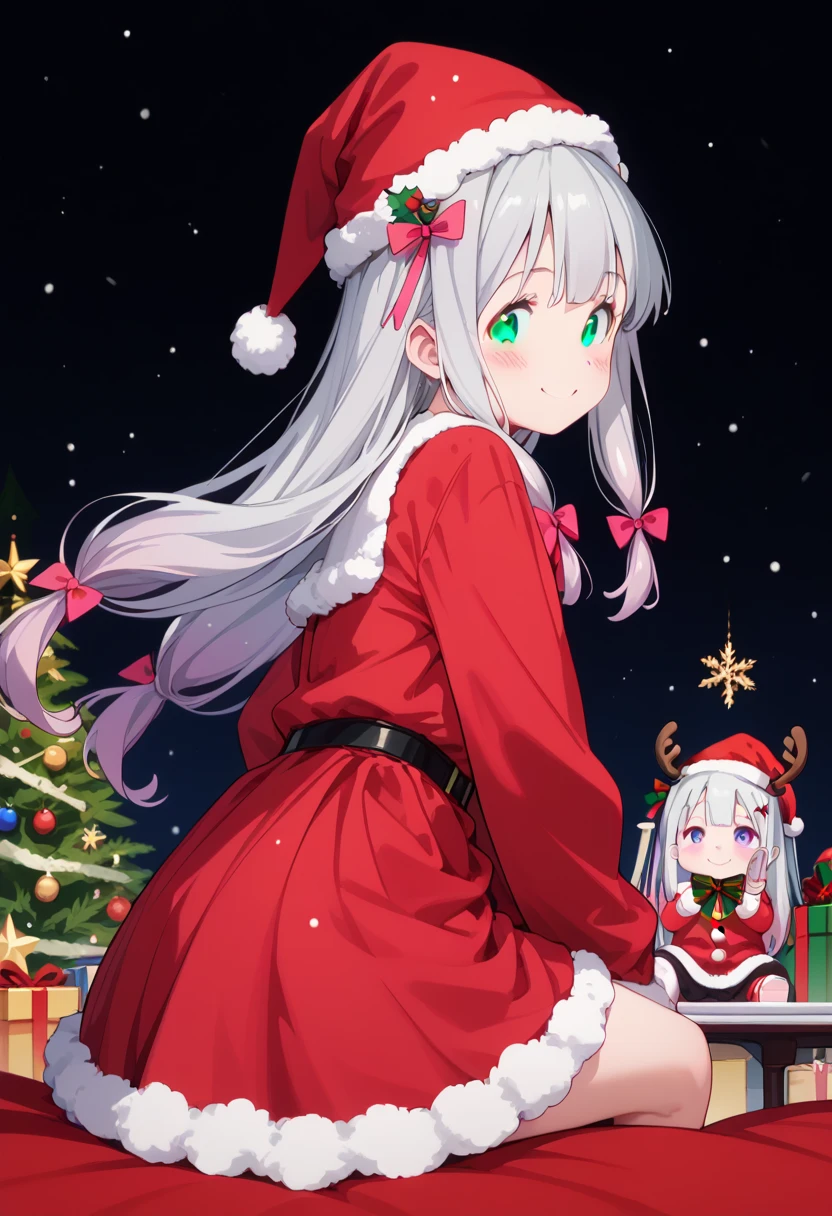  best quality, high resolution, 8k, solo, blush, small breasts, (Sagiri Izumi, long hair, blue eyes, ribbon, hair ribbon, gray hair, pink ribbon, ribbon), smile, christmas dress, christmas hat, mini skirt, christmas background, christmas dinner,  christmas prsent, sitting, from behind, looking back