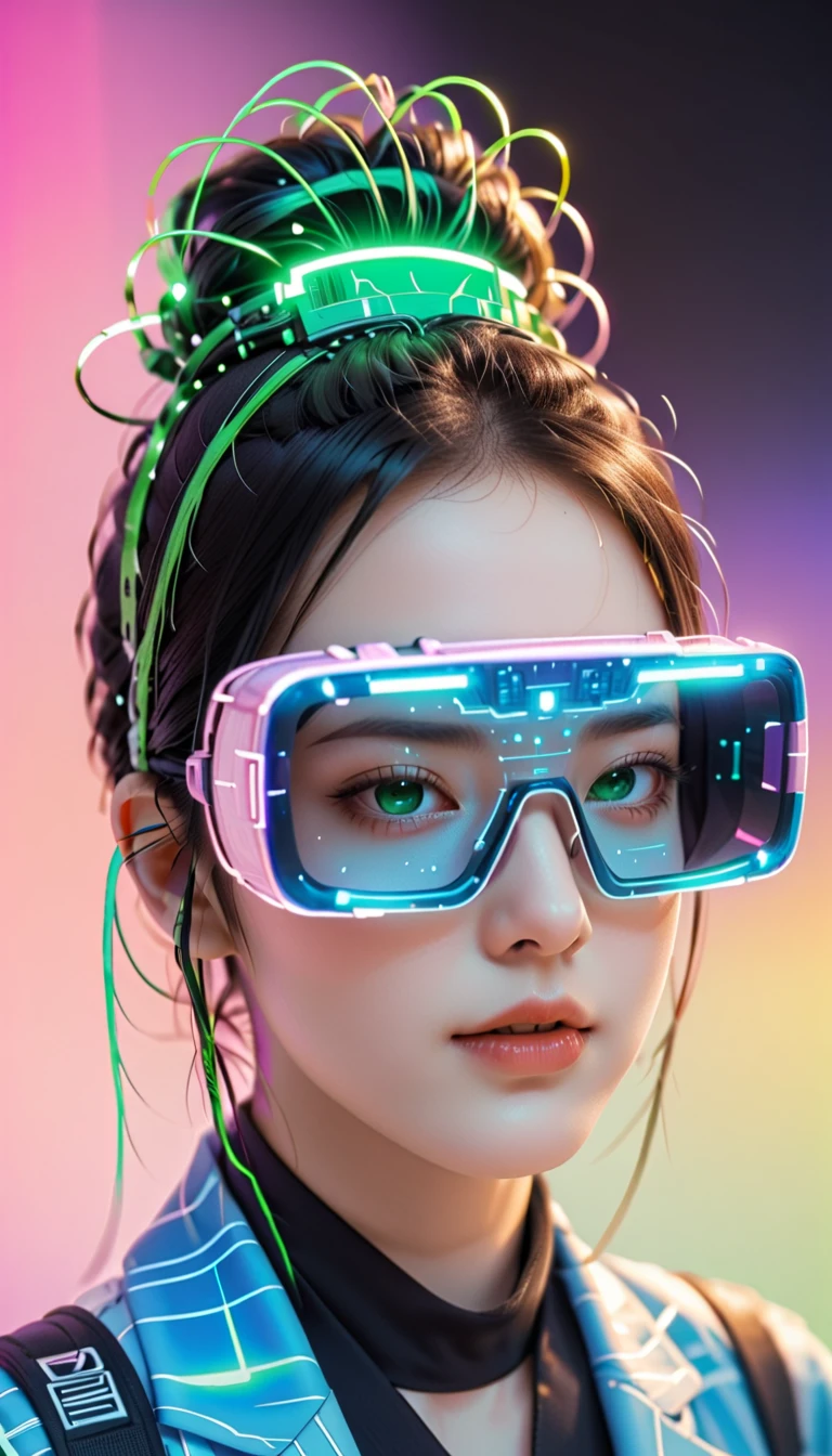 t expresses the beautiful appearance of artificial intelligence on various topics, and the background is matrix coding, Put on cybernetic goggles, A bit of pop art. It feels like a robot