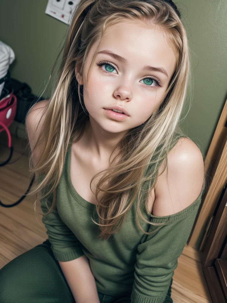 Cute girl ,after school,1 girl, sit on the chiar in the yourself privatly room,clap, ruby hair,green eyes,dreaming about boyfriend,tape, Ponytail, parted lips, anime style,fertility passion