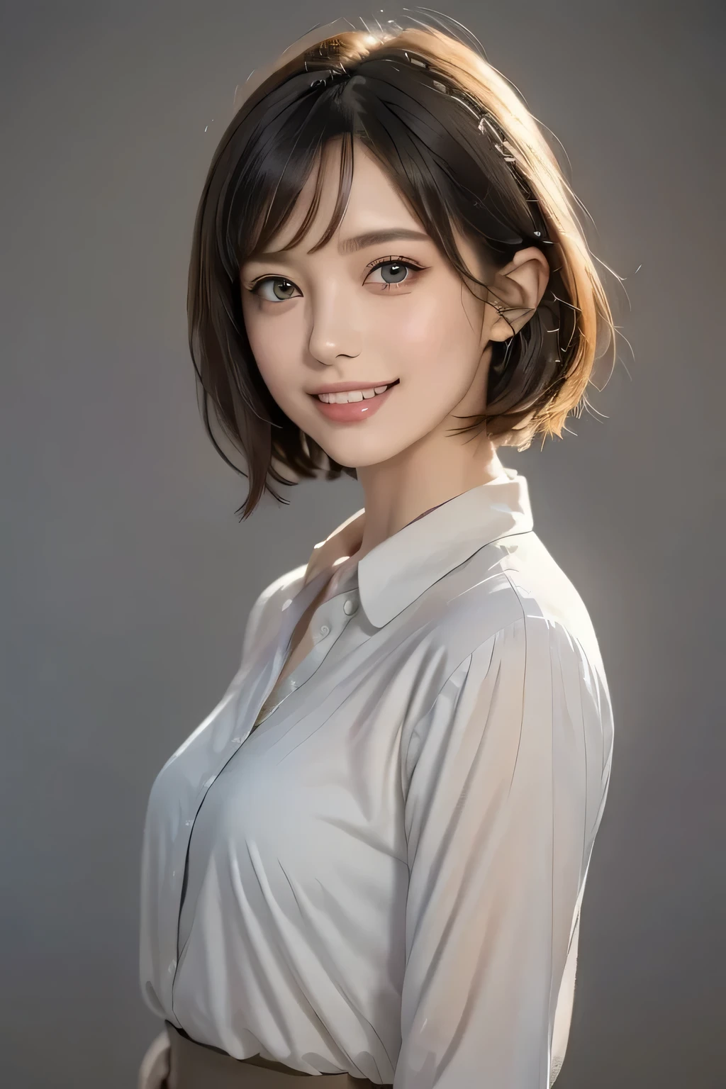 ((masterpiece)), ((Highest quality)), ((Complex)), ((Surreal)), (Realistic), (Mature Woman), ((There are no classes)), Very detailed, (1 female), Beautiful and exquisite, (Beautiful Teeth), Grin, Brunette Bob Hair, Brown eyes, ((blouse)), (Upper Body), (background:none), Perfect Eyes, Captivating eyes, Looking at the audience