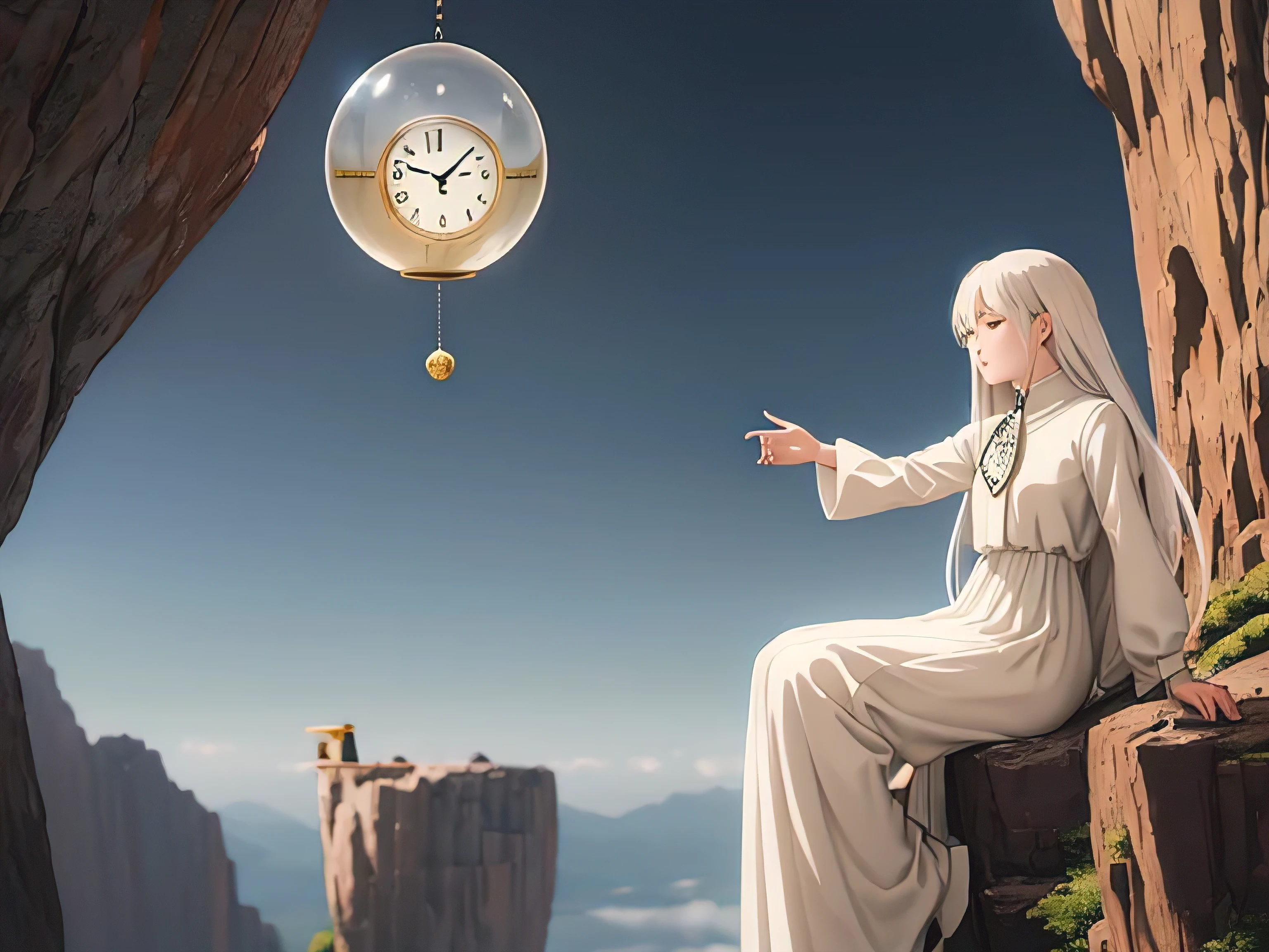  Fantasy World 、universe、 Floating Rocks 、 One Woman on a Rock、White long hair、 white dress、A pendulum clock on a rock