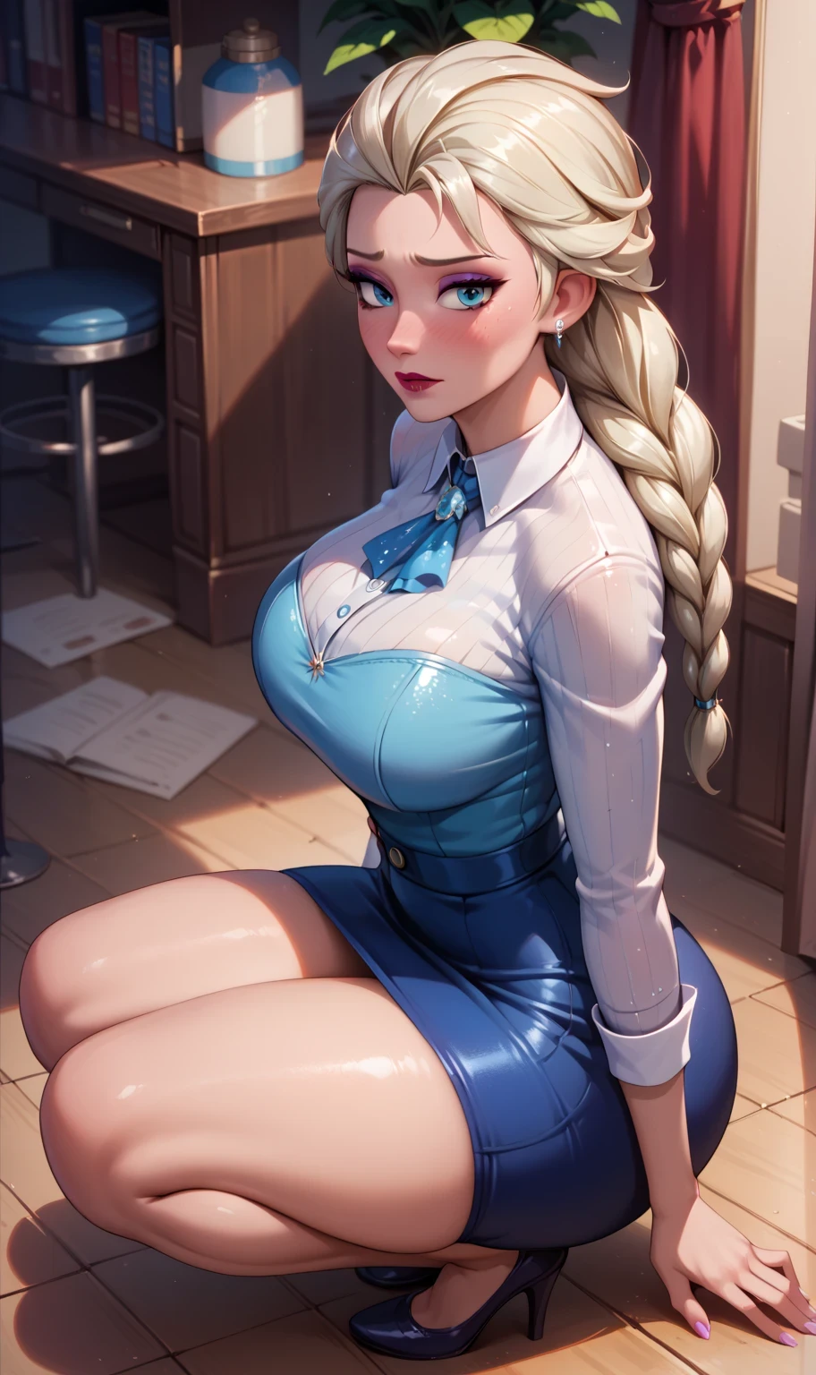 Score_9, Score_8_up, Score_7_up, Score_6_up, Score_5_up, Score_4_up, Source_anime, Tag1, Tag2, Best quality, High quality, Detailed, High resolution, 8k, Ultra high res, Soft saturation, Professional quality, Perfect contrast, Perfect litthing, Anatomically correct, Huge breasted, Wide hips, Gargantuan butt, Sensual woman, mature female, milf, motherly, Embarrassed, shy, seductive BREAK high-angle view, fully clothed, Squatting, leaning back, elsa, elsa