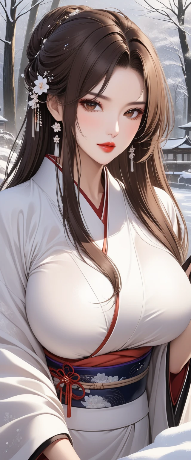                   Brown Eyes                 , black 髪, length髪,                        mature mature      ， length,                 shiny wet hair        ，                 brown hair，              Glowing Lips         ，beautiful，Big Breasts，beautifulデコルテ， beautiful脚 ，   kimono， comments， Winter Scenery，，