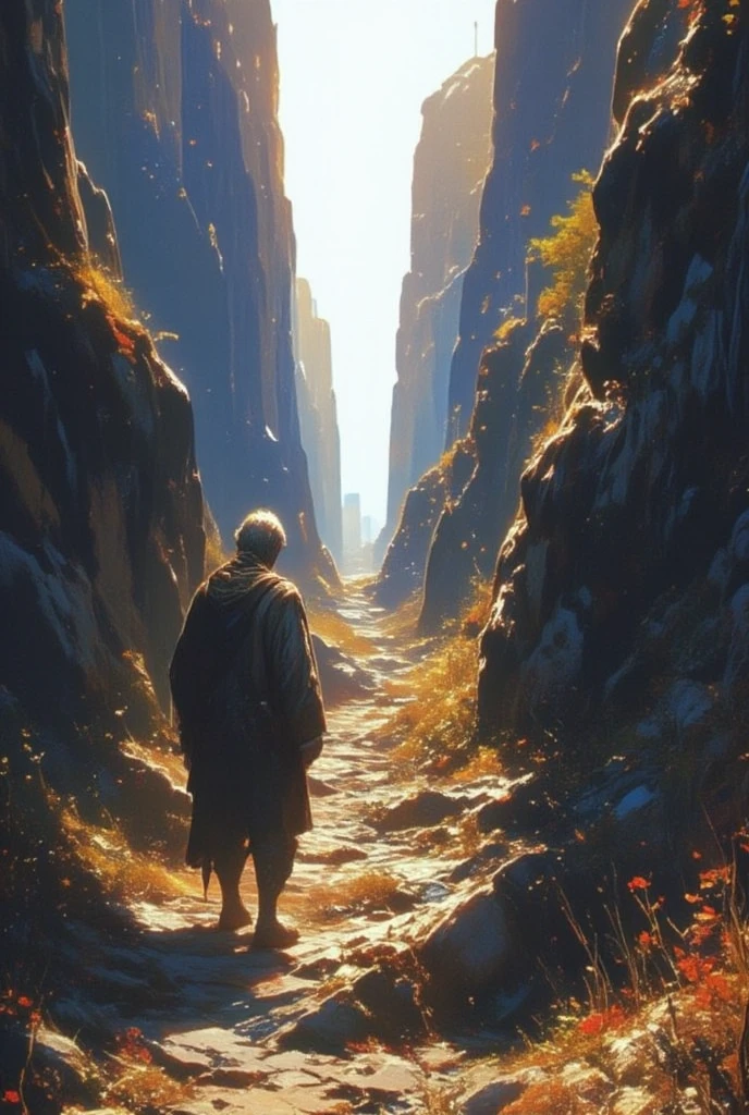 solo. 1old, tired, emaciated, wrinkled man. look back and show face. walks down the ragged, steep path toward the back of the path. the far end of the path white-outed and lonely light fleetingly certainly shining. lonely journey ends there. Solitude.alone.limited color