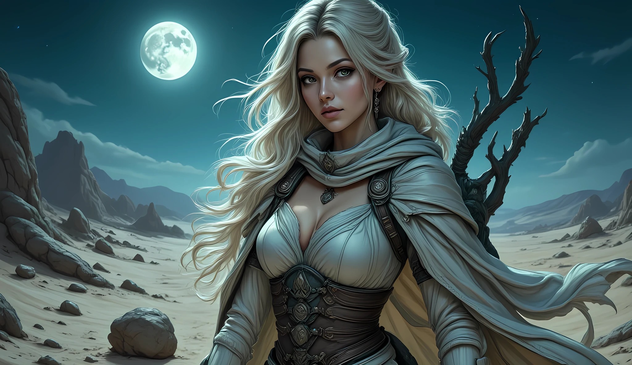 fantasy art, dnd art, RPG art, wide shot, (masterpiece: 1.4) a (portrait: 1.3) intense details, highly detailed, photorealistic, best quality, highres, portrait a female traveler (fantasy art, Masterpiece, best quality: 1.3), intense details facial details, exquisite beauty, (fantasy art, Masterpiece, best quality) cleric, female, (blond hair: 1.5)), long hair,  (green eyes: 1.3), leaning on  a walking stick wearing (traveler vestments: 1.5), wearing high heeled laced boots, wearing an (cloak:1.3), flowing cloak, fantasy desert background, it is night time, there is moon in the sky, stars, moon rays caress the traveler, as he walks a lonely path,  reflection light, high details, best quality, 16k, [ultra detailed], masterpiece, best quality, (extremely detailed), close up, ultra wide shot, photorealistic, RAW, fantasy art, dnd art, fantasy art, realistic art,((best quality)), ((masterpiece)), (detailed), perfect face, Cinematic Hollywood Film style, hyp3rd3tail style