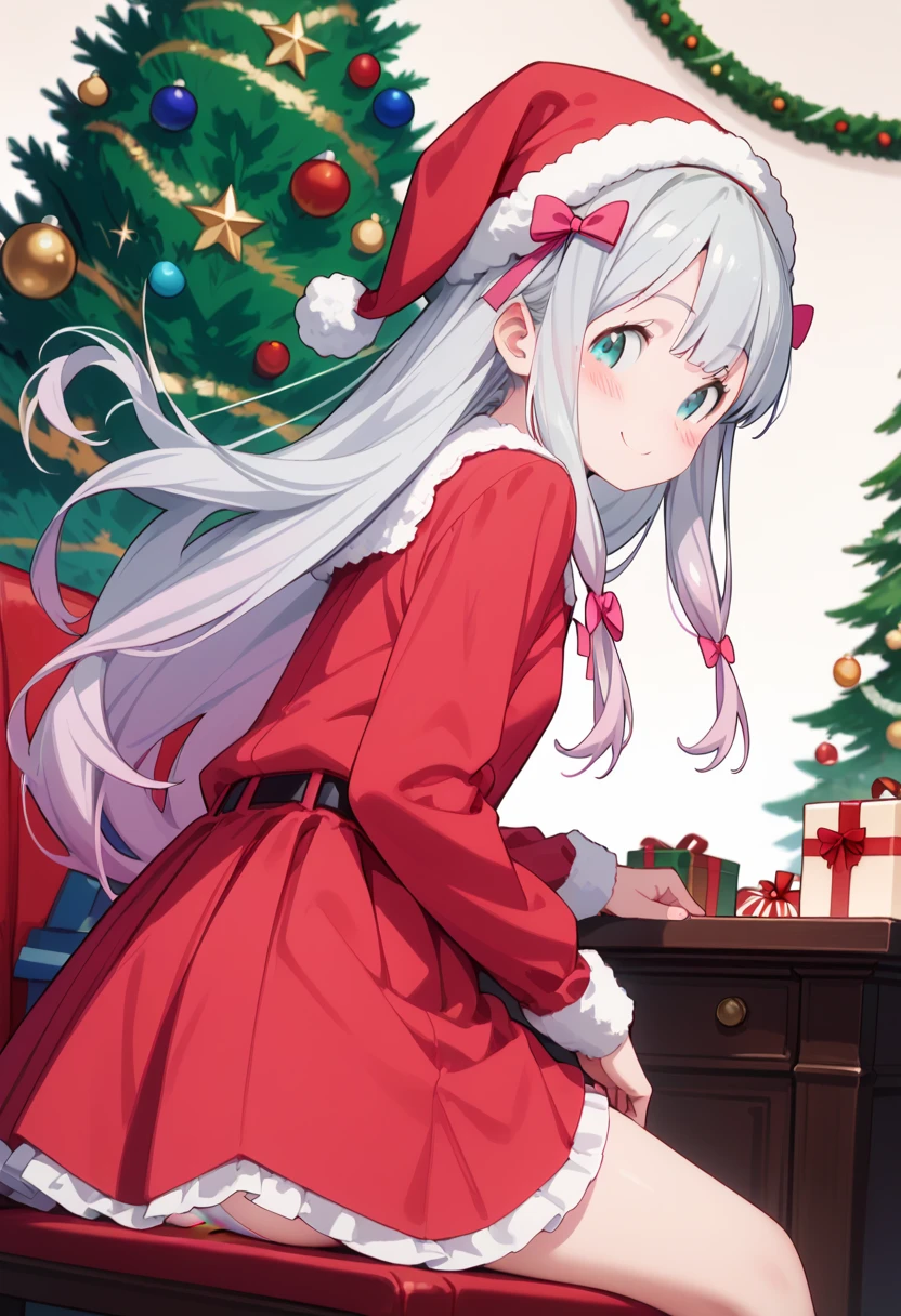  best quality, high resolution, 8k, solo, blush, small breasts, (Sagiri Izumi, long hair, blue eyes, ribbon, hair ribbon, gray hair, pink ribbon, ribbon), smile, christmas dress, christmas hat, mini skirt, christmas background, christmas dinner,  christmas prsent, sitting, from behind, looking back, skirt lift, panty shot, white panties