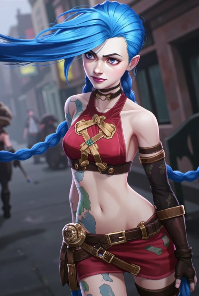 Jinx character portrait wallpaper in Arcane ，Jinx, who has long blue hair and braids, sexy dynamic pose, leaning back, smiling expressionless face ，Blurry city alley background ，big breasts, red christmas crop top, red christmas skirt, , red christmas hat.
