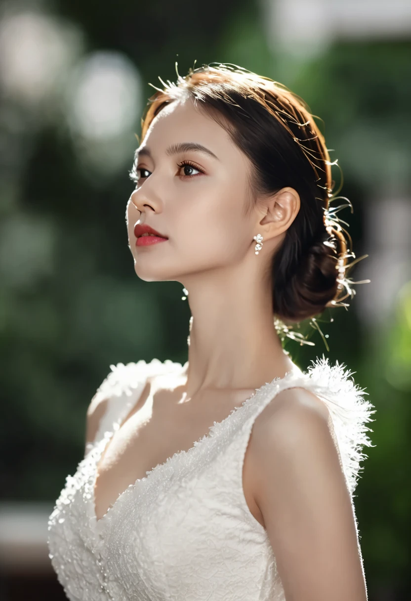 ((Best Quality, 16K, UHD )), A young cute profile woman, elegant, photorealistic, side view, portrait, ultra realistic, high detailed, high detailed skin, high quality, white dress, high detailed skin, high quality, delicate eyes, double eyelids,