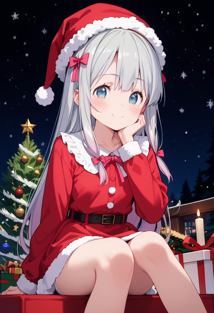 pov, best quality, high resolution, 8k, solo, blush:1.5, small breasts, (Sagiri Izumi, long hair, blue eyes, ribbon, hair ribbon, gray hair, pink ribbon, ribbon), smile, christmas dress, christmas hat, mini skirt, christmas background, christmas dinner,  christmas prsent, sitting, christmas night, star night, christmas big tree, knees to chest, white panties, panty shot, head rest