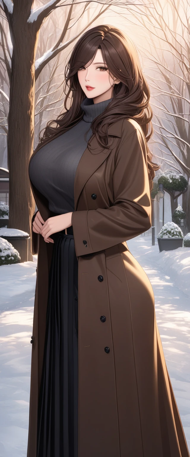                   Brown Eyes                 , black 髪, length髪,                        mature mature      ， length,                 shiny wet hair        ，                 brown hair，              Glowing Lips         ，beautiful，Big Breasts，beautifulデコルテ， beautiful脚 ，     sweater  ，  long skirt  ，  Long Coat  ， comments， Winter Scenery     ，