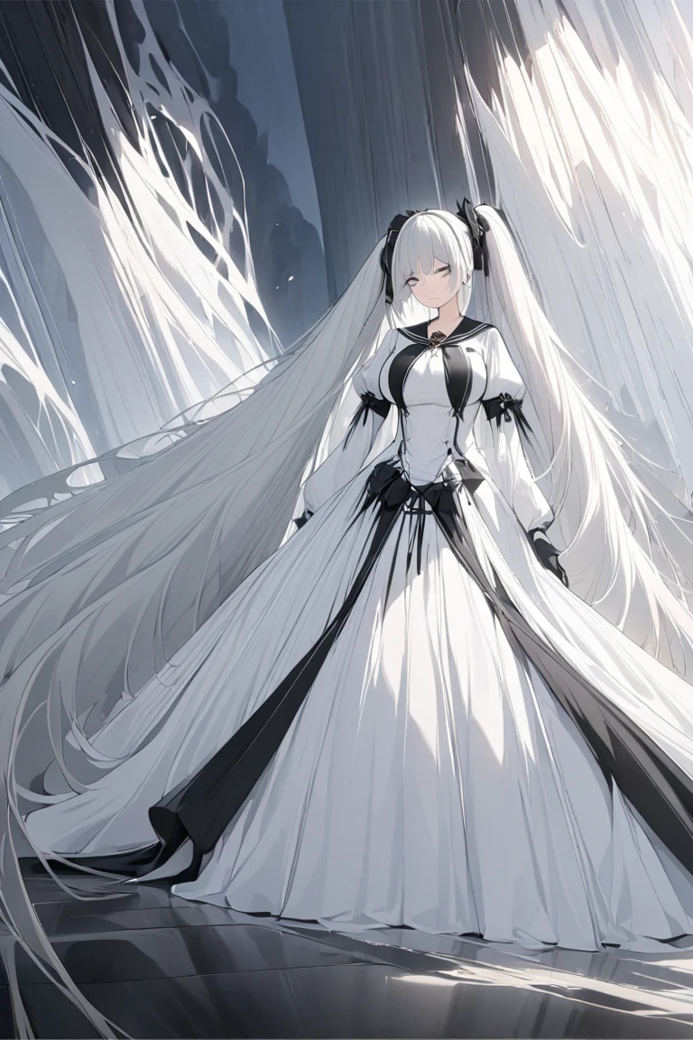 (  Masterpiece  ),( top quality),( ultra detail),( best illustrations),( Best Shadow ),( absurd),( detailed background),  1 girl ,  long hair, absurdly  long hair,  dress, Alone, very  long hair, chest,  twin tails, white  dress,  official different costumes, Black footwear,  simple background ,  high heels, Touch the black sailor color , Timeless_Classic,  upper body