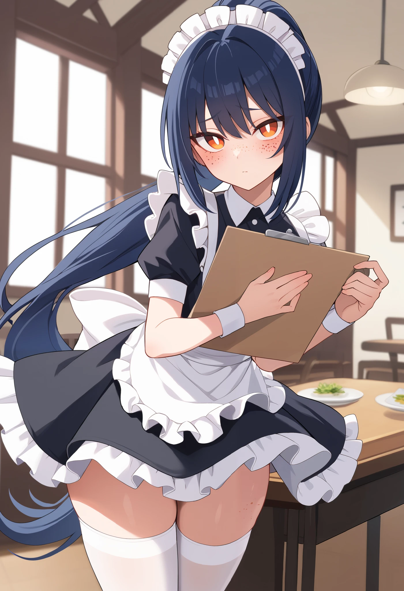 1boy, solo, otoko no ko, dark blue hair, long hair, ponytail, bangs, orange eyes, white pupils, (freckles), shy, blush, flat chest, wide hips, dark blue maid dress, maid headdress, maid apron, white thighhighs, score_9, looking at viewer, holding a notepad, indoors, fancy restaurant