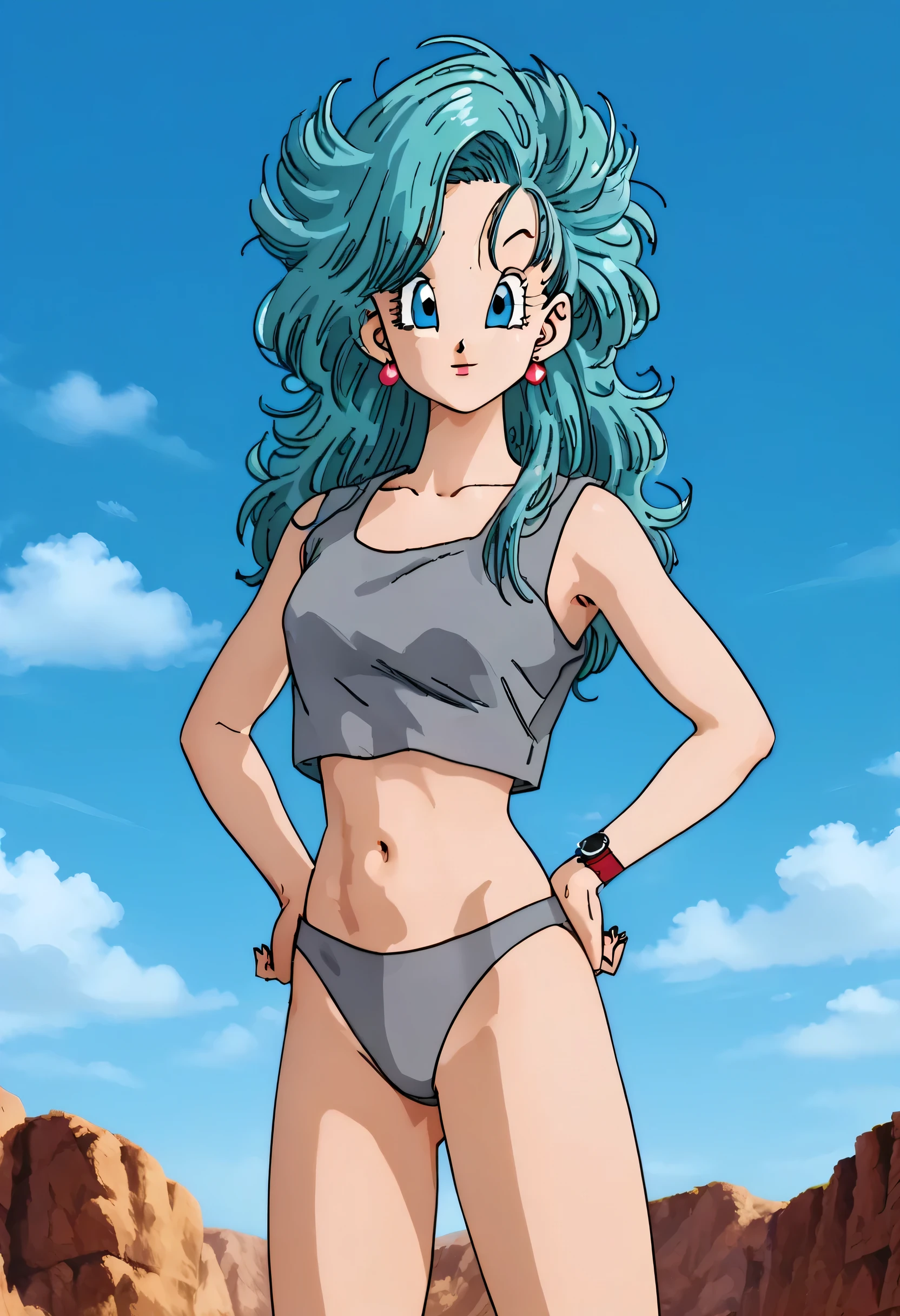 source_anime, score_9, score_8_up, score_7_up, anime screencap,
saiyan saga, bulma, messy hair, aqua hair, long hair, looking at viewer, blue eyes, 1girl, solo, long hair, looking at viewer, gray tank tops , gray bikini , big breaststud , belly , earrings, sky, cloud, fingernails, hands on own hips , long legs , barefoots , watch, retro artstyle
 