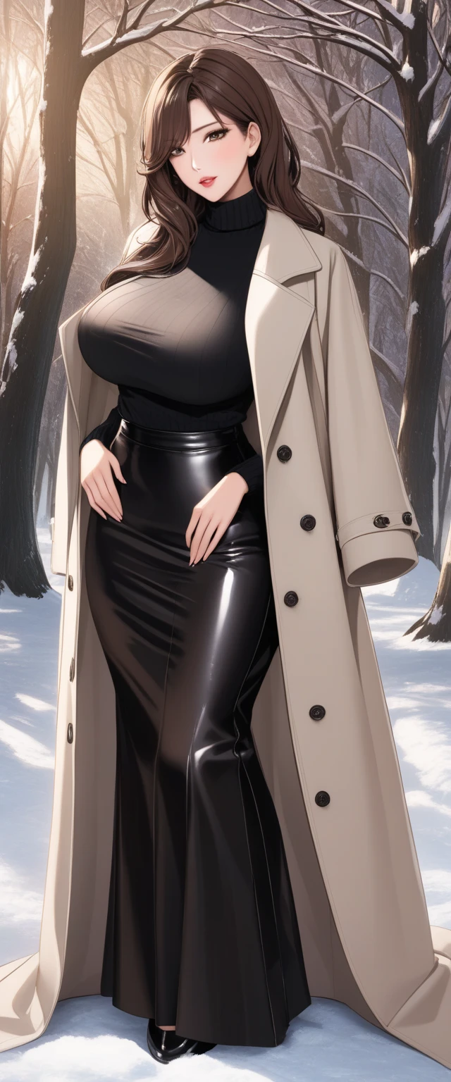                   Brown Eyes                 , black 髪, length髪,                        mature mature      ， length,                 shiny wet hair        ，                 brown hair，              Glowing Lips         ，beautiful，Big Breasts，beautifulデコルテ， beautiful脚 ，     sweater  ，  long skirt  ，  Long Coat  ， comments， Winter Scenery     ，