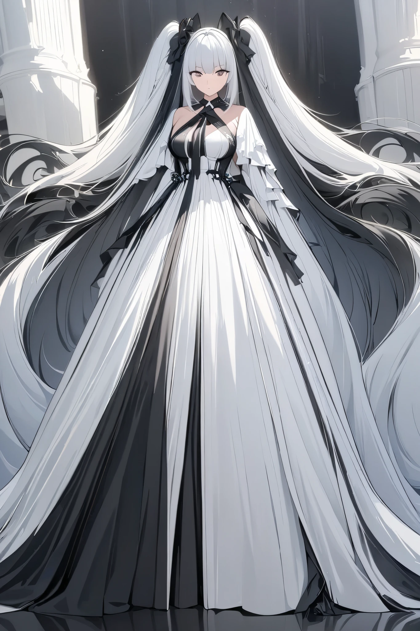 (  Masterpiece  ),( top quality),( ultra detail),( best illustrations),( Best Shadow ),( absurd),( detailed background),  1 girl ,  long hair, absurdly  long hair,  dress, Alone, very  long hair, chest,  twin tails, white  dress,  official different costumes, Black footwear,  simple background ,  high heels, Touch the black sailor color , Timeless_Classic,  upper body