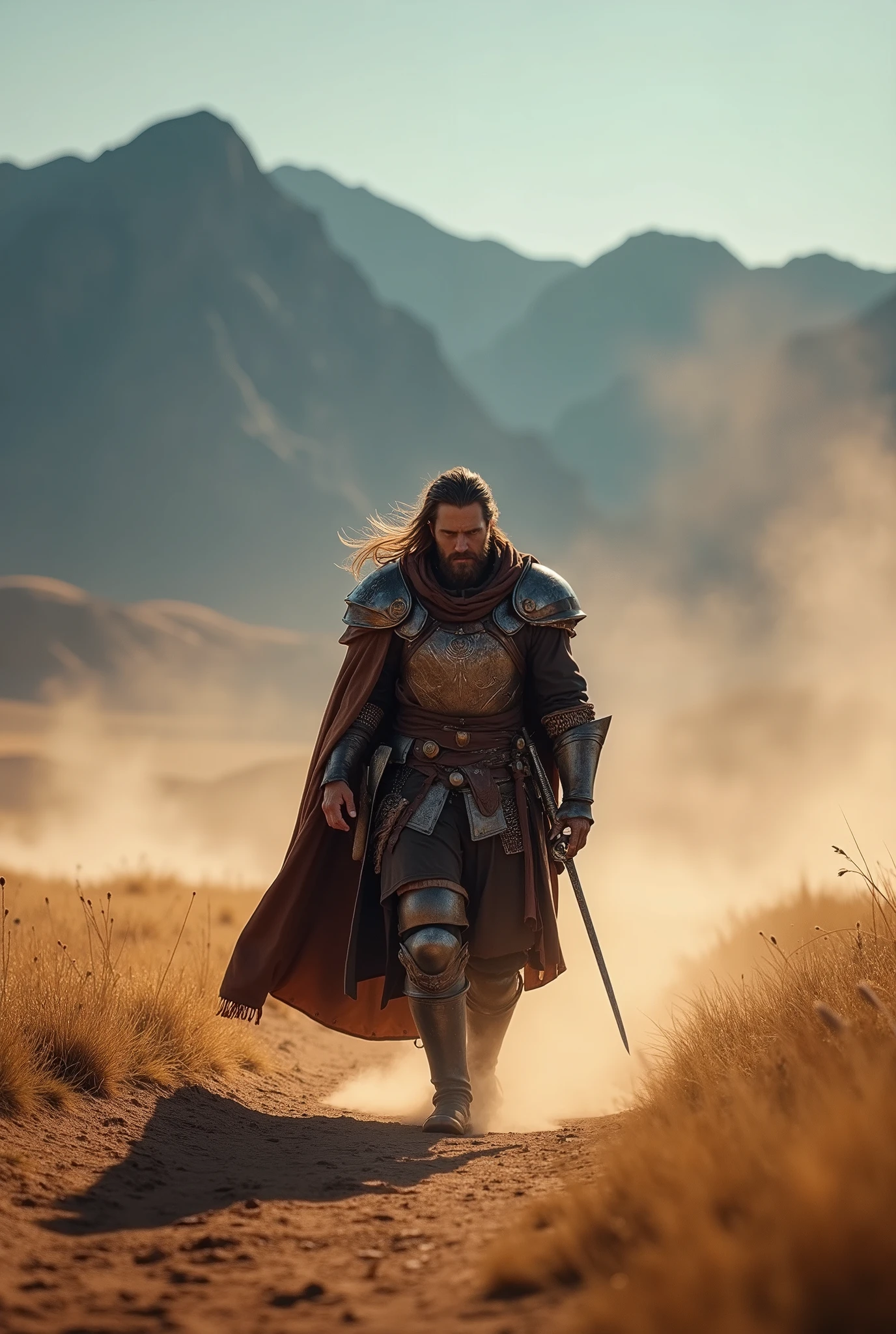 solo focus, Lone knight walking alone in the savana with mountain in the background, ((wearing broken armor and tattered brown robe with sword on his hips)), covering his face with robe, dust in the wind, side view, dynamic angle, dramatic light, cinematic effect