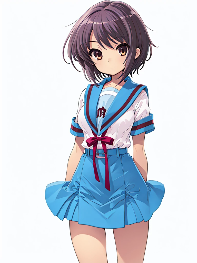 nagato, 1girl, nagato yuki, (small breast), arms behind back, school uniform, kita high school uniform, ny1, blue sailor collar, serafuku, blue skirt, serafuku, belt, sailor collar, white shirt, short sleeves, red ribbon, simple background, expressionless