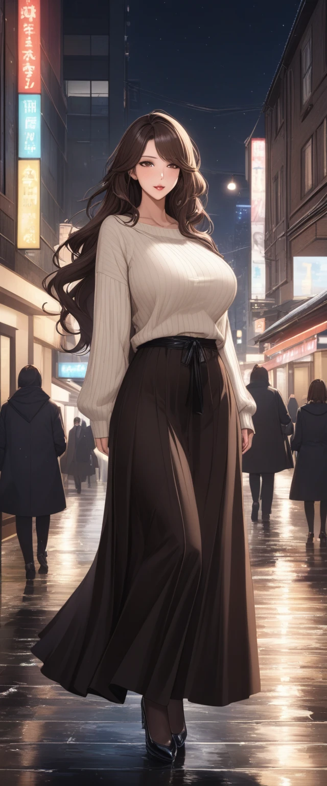                    Brown Eyes                  , black 髪, length髪,                        mature mature      ， length,                  shiny wet hair         ，                  brown hair，               Glowing Lips          ，beautiful，Big Breasts，beautifulデコルテ， beautiful脚 ，      sweater   ，   long skirt   ，  ， comments， Winter cityscape     ，