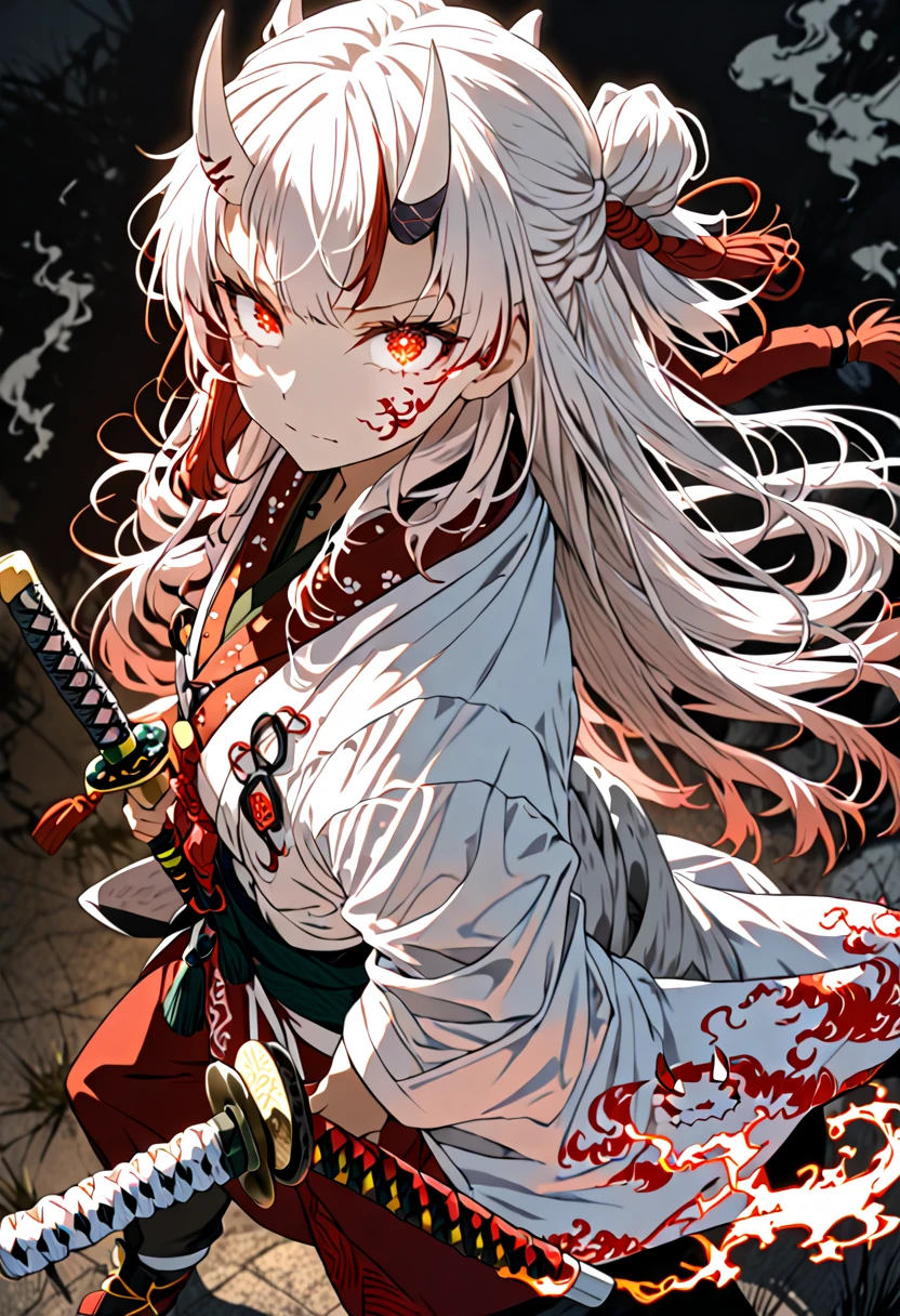 8K Ultra High-Quality, ultra-detailed, High quality, Nakiri ayame, white oni horns, glowing hair, burning hair, katana sword, glowing eyes, close up, full body, glowing face tattoo, dark background