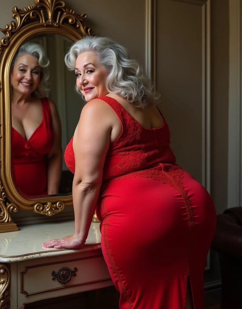 there is a woman in a red dress standing in a room, ela tem cerca de 6 0 anos, she is about 7 0 anos, 7 0 anos, 70 anos, 5 5 eles, ela tem cerca de 50 anos, Olhando no espelho para o eu mais velho, 4 5 eles, O super gostoso e sexy, olhando sedutoramente para frente