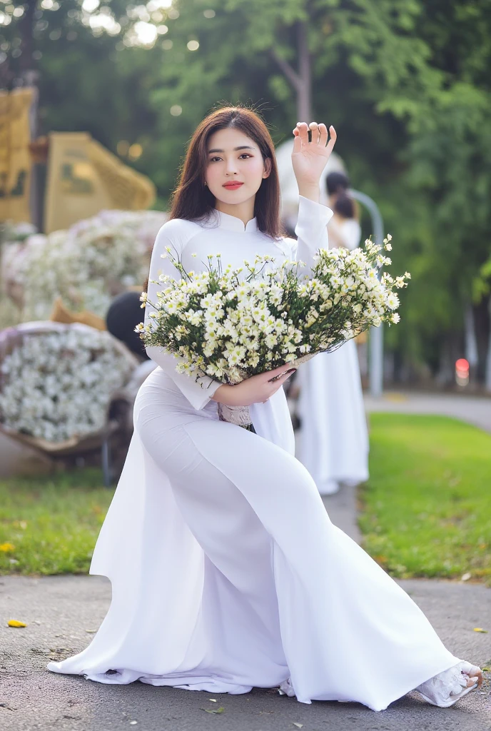 ((Vietnamese girl wearing white ao dai, super big breasts, showing cleavage, chubby body, really cute face, high quality detailed photos, 8k HDR photos, super big breasts, cleavage, sitting on a livestock farm, sunny and cloudy weather))