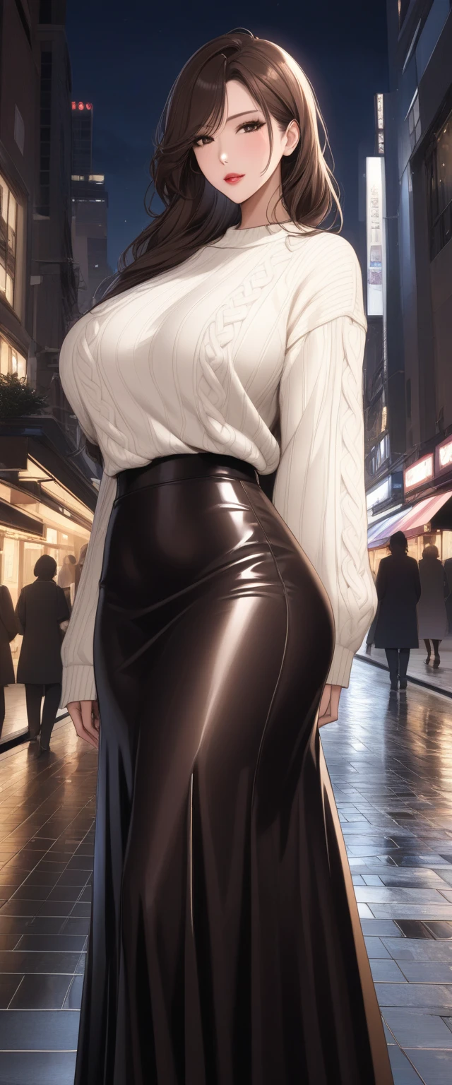                     Brown Eyes                   , black 髪, length髪,                        mature mature      ， length,                   shiny wet hair          ，                   brown hair，                Glowing Lips           ，beautiful，Big Breasts，beautifulデコルテ， beautiful脚 ，       sweater    ，    long skirt    ，  ， comments， Winter cityscape     ，