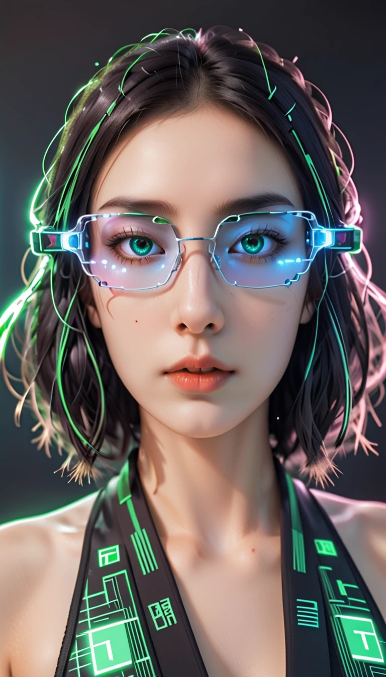 t expresses the beautiful appearance of artificial intelligence on various topics, and the background is matrix coding, Put on cybernetic goggles, A bit of pop art. It feels like a robot