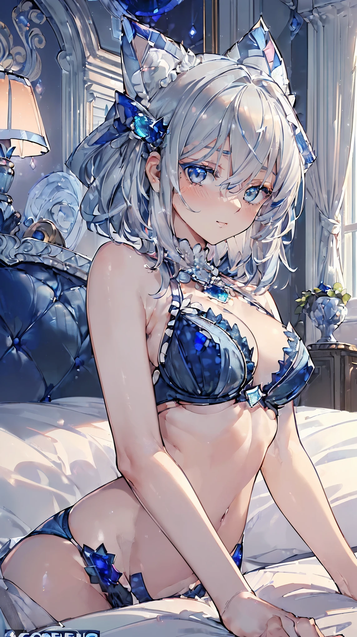 最high quality、best image quality、masterpiece、Curvy but thin body、perfect eyes, perfect face,The exact number of fingers、Exact number of legs、The exact number of armatures((bust 180:1.8)),beautiful blue eyes、1 girl:4.0、milking(Own),publish one&#39;chest of,beautiful nipples、beautiful big breasts(erect nipples:1)、sexy look、big breasts, 、black stockings、Light blue short hair（inward curl hair）、thin、((Wearing only sexy navy underwear 1.8)),from head to calf、black wristband on wrist、Golden star-shaped hair ornament、Golden Necklace、red face、Slippery texture)）high quality、beautiful art、With background((bed)))、((open your legs:1.8、raise both legs:1.8,Own your thighs:1.8,lie down on the bed:1.8)),visual art、Depth of written boundary、One earring in each ear、mole under eye、beautiful thighs 