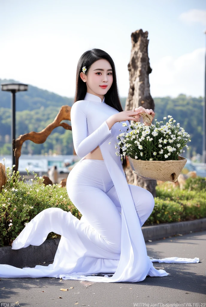 ((Vietnamese girl wearing white ao dai, super big breasts, showing cleavage, chubby body, really cute face, high quality detailed photos, 8k HDR photos, super big breasts, cleavage, sitting on a livestock farm, sunny and cloudy weather))
