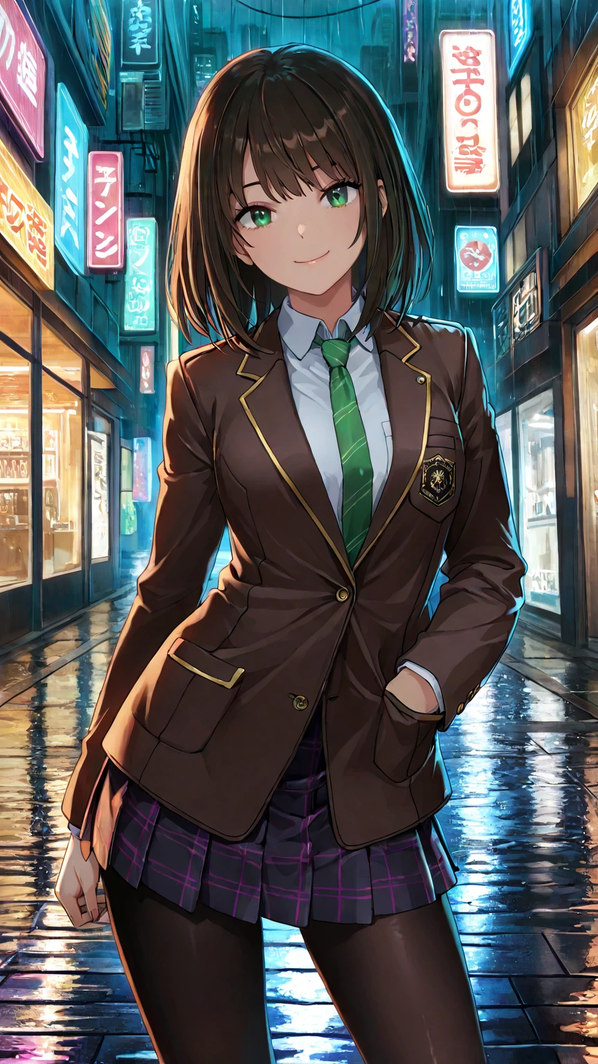 masterpiece, best quality, very aesthetic, photo realistic anime, Sharp Focus, high contrast, 1girl, detailed green eyes, smile, dark brown silky hair, contrapposto, Captivating thighs, uniform, brown blazers, (hads in pocket, unbutton), Green tie, Plaid Pleated Skirt, black tights, rainy cyber city, at night