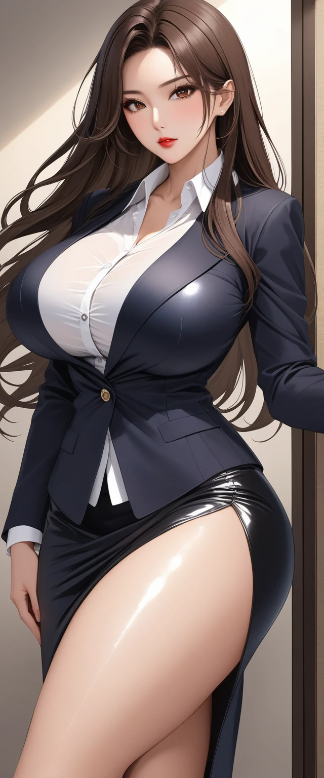                   Brown Eyes                 , black 髪, length髪,                        mature mature      ， length,                 shiny wet hair        ，                 brown hair，              Glowing Lips         ，beautiful，Big Breasts，beautifulデコルテ， beautiful脚 ，     business suit，Tight skirt comments， accommodation       ，