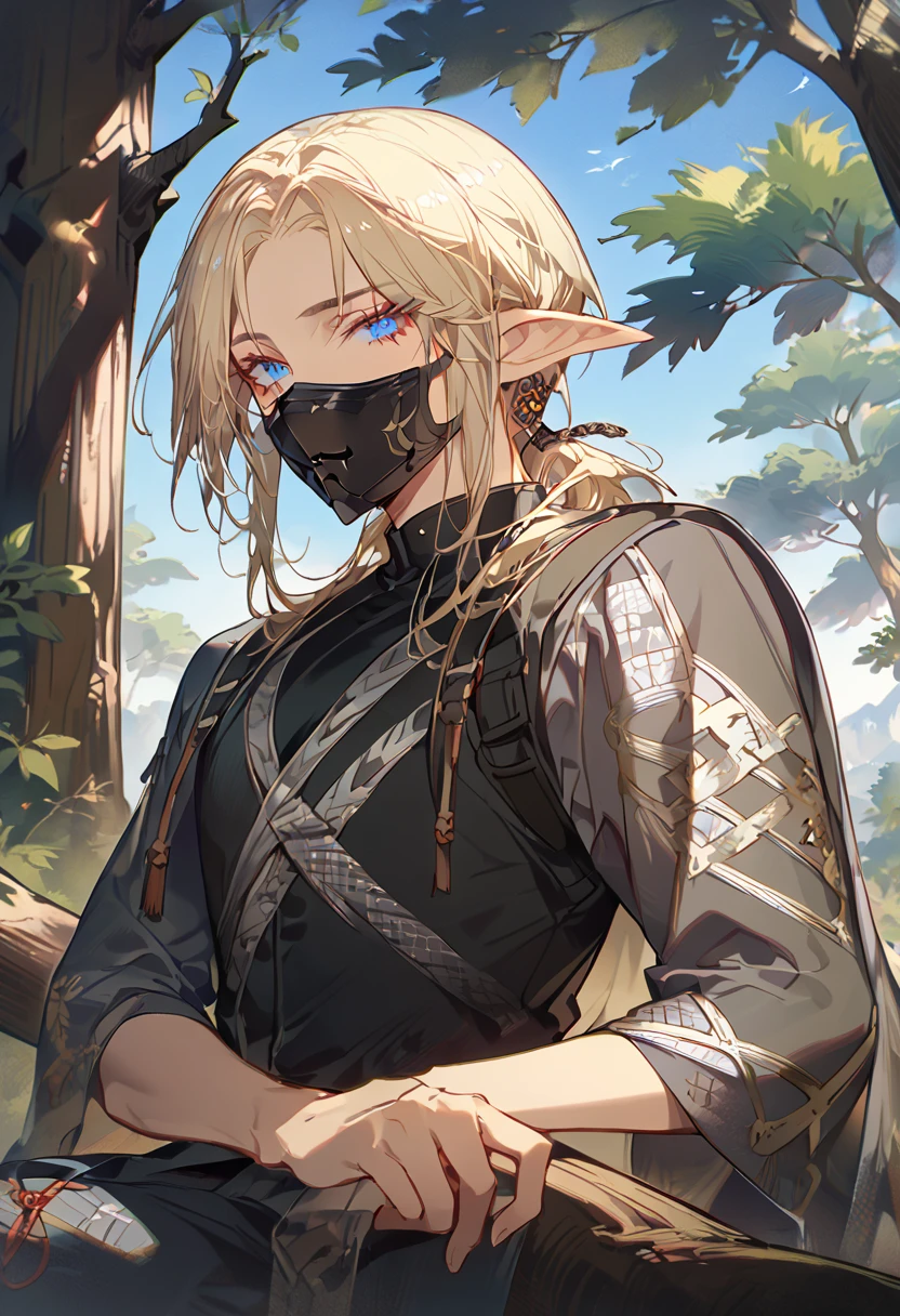 masterpiece, best quality, 8k ,4k ,male, boy, ((1 male), (elf), (long ears elf), (pale blond hair), (bright blue eyes), (hair ornament), (finely detailed eyes and detailed face)), looking at viewer, ((ninja clothes), (silver patterned clothes), (black clothes), (face mask)) majestic looks, sharp looks, shadows, on top of the tree, tree background inspired by Asukaziye artist : ask, art style : ask