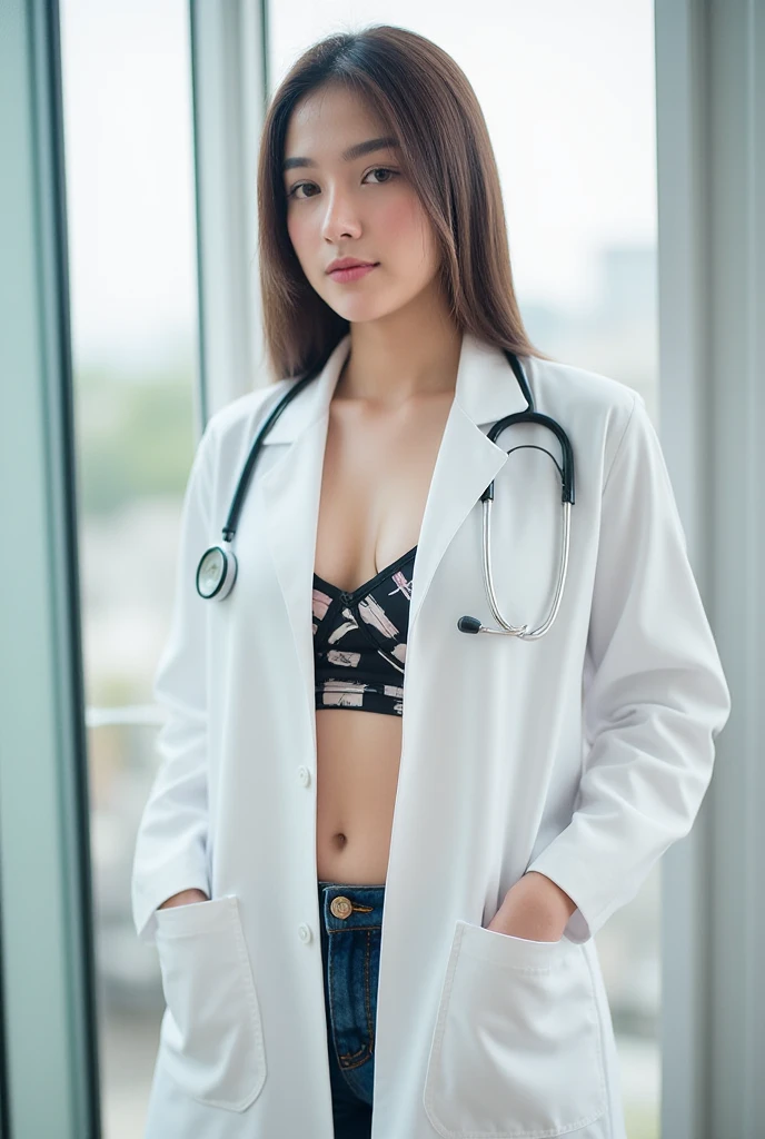 (A beautiful 25 years old female Doctor:1.4), (short straight black hair:1.2), (pale skin), (serious face), (wearing white sexy doctor outfit with stetoscope:1.4), (waist up shot:1.2), (view from front:0.8), (sexy pose:1.2), (chiaroscuro lighting:0.8), (doctor's office at night:1.2), photo realism, intricate face detail, intricate hand details, highly detailed, vibrant colors, cinematic, 8k, trending on Artstation--style raw