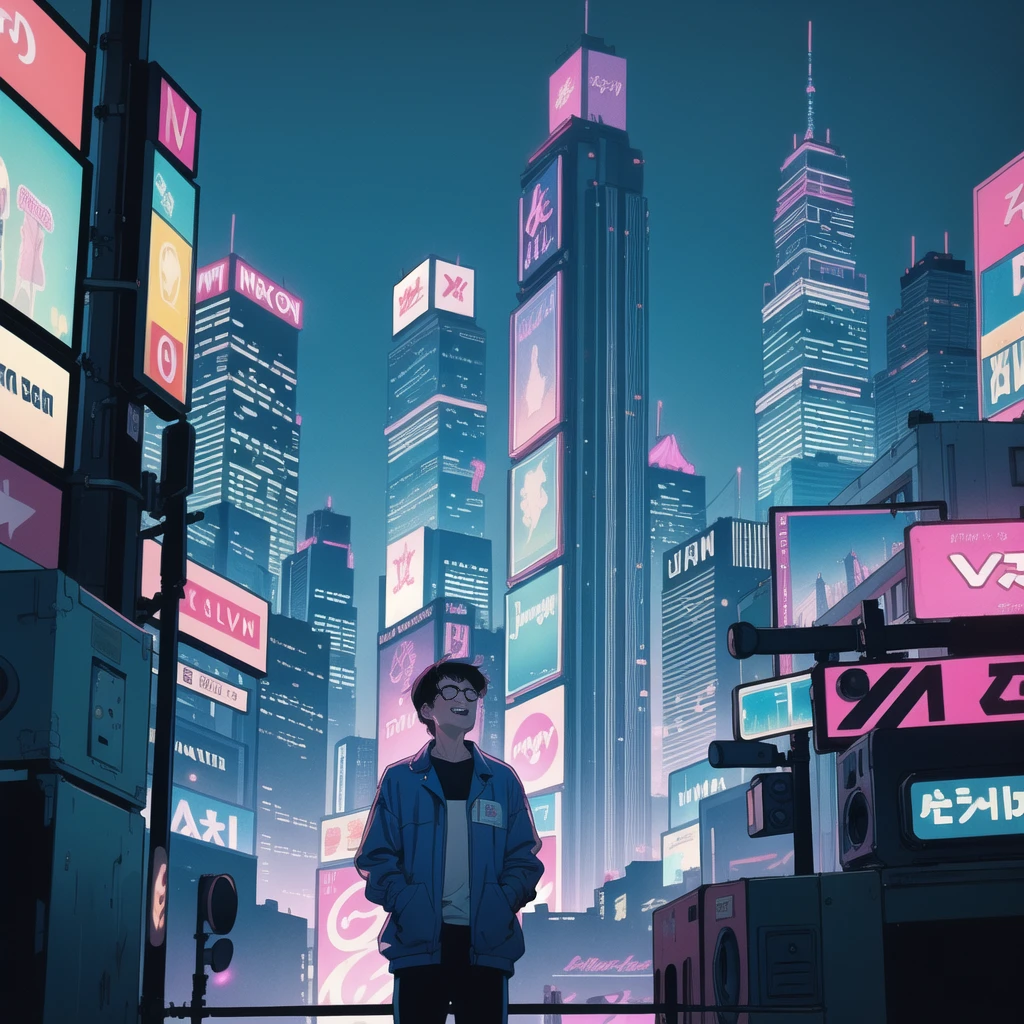 I'm in the center of the city ,A young man is looking up、  The silhouettes of skyscrapers float in a pale pastel sunset sky .  neon lights begin to light ,  throws retro brilliance into the bustling streets .  The scene is enhanced with subtle VHS noise ,  creates a lo-fi cityscape reminiscent of 90s urban dreams.  the vibrant city comes to life ,  The air is filled with distant traffic sounds and laughter 