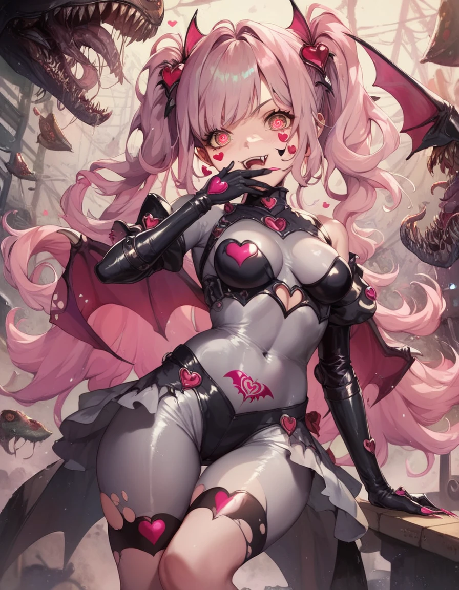 Evil magical girl. (Heart tattoo on face) (Heart tattoo on lower abdomen) . Sparkly. Sequin-like bodysuits. Black and gray outfit. Breasts perky. Bat hair ornament. Sharp-edged accessories. A costume with a fang motif. Provocative smile. Put hand over mouth. Horror eyes. Black armor gloves. Pink sharp nails. Thighs. Battle ship Monster in background. Abandoned factory. Dystopia.