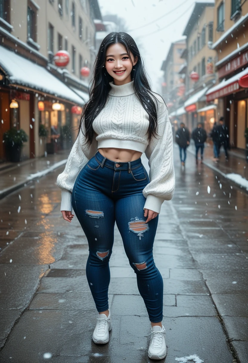 nsfw, 8k, high resolution, masterpiece, best quality, very detailed, outdoors, street, snowing, 1girl, ulzzang, beautiful cute korean college girl, black hair, long hair, small breasts, gigantic hips, gigantic thighs, very thin waist, huge muscles, muscular arms, muscular legs, cropped sweater, black jeans, slight smile, very tall, shredded clothes,