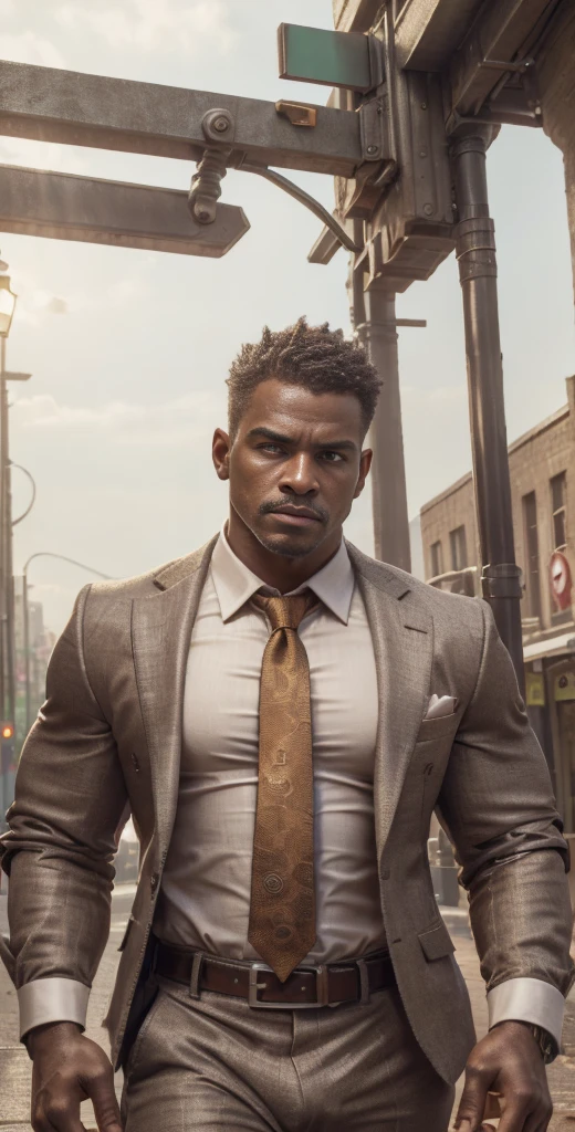 photo of muscular (39y.o African American) in a worn ((wearing a zegna business suit and tie, shirt, jacket, belt, mixed-up with edrinktech:1.2)), big pecs, big arms, large bulge, ((light bokeh)), intricate, (steel metal [rust]), elegant, erotic, exuding sexual energy, homoerotic, sharp focus, photo by greg rutkowski, soft lighting, vibrant colors, (masterpiece), ((streets)), (detailed face), looking at viewer, 