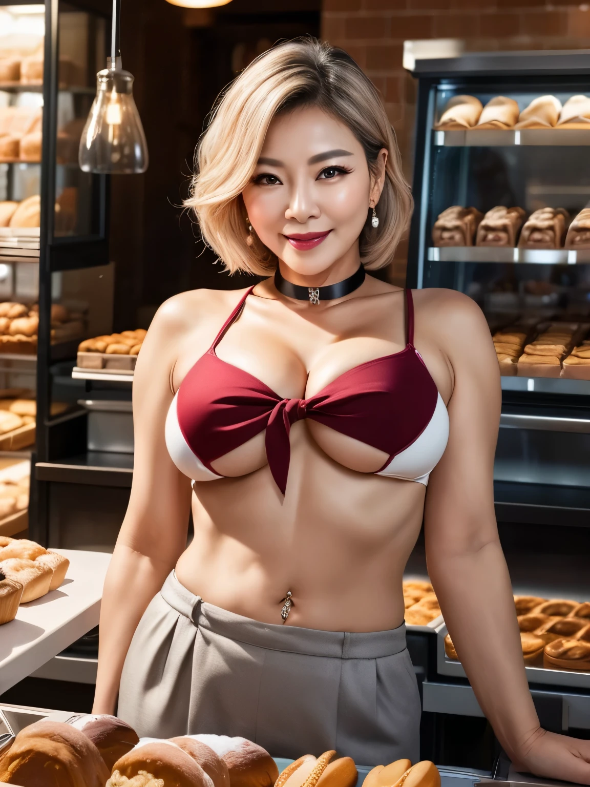 75 years old mom milf Korean, Lady large earring Big choker navel piercing decoration A bracelet Silver Hair realisitic Gorgeous Madame Beautiful Mature Woman sexly Smile Gentle woman navel piercing 4K High quality burger shop kitchen chef hot