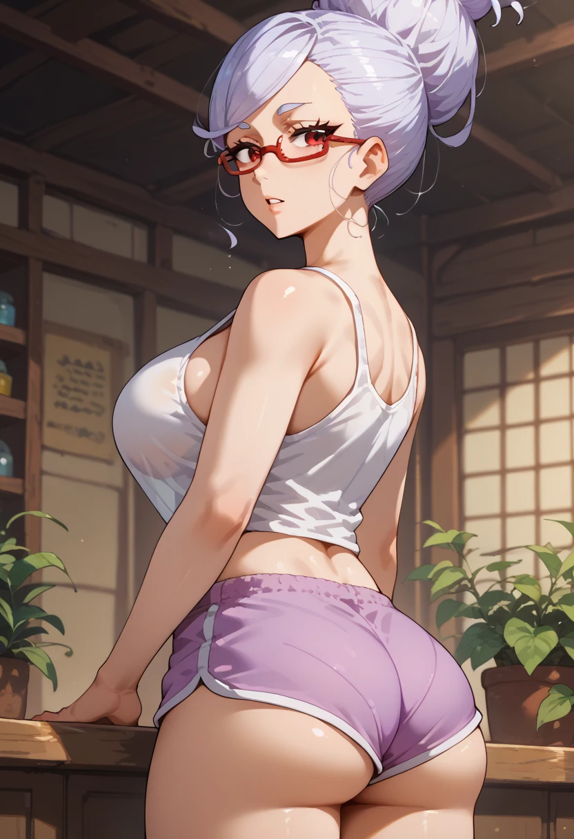 score_9,score_8_up,score_7_up, seiko ayase, 1girl, beehive hairdo, breasts, big breasts, long hair, looking at viewer, mature female, parted lips, red-framed eyewear, red eyes, semi-rimless eyewear, solo, swept bangs, tall hair, white hair, standing, white tank top, lilac shorts, SFW, sfw image, beehive hairdo, bra peek, from behind, ass