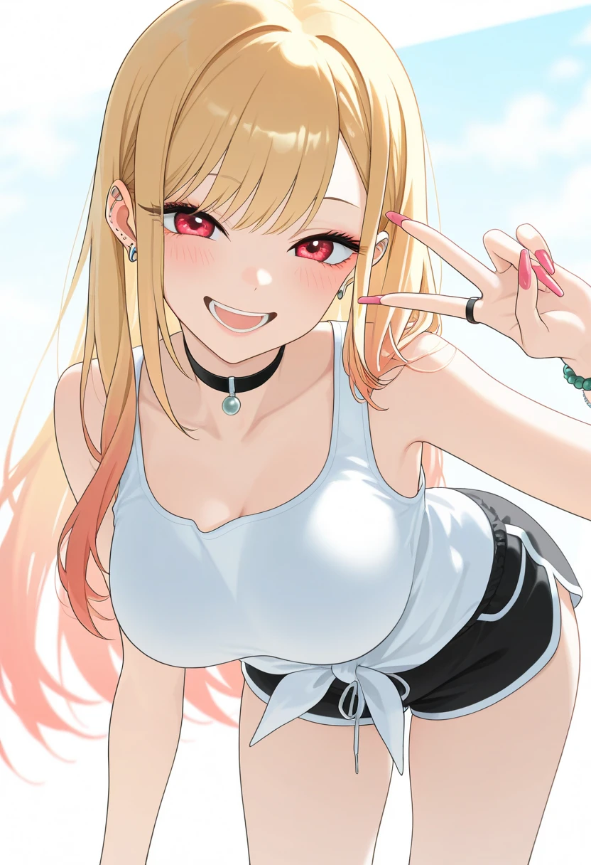   masterpiece ,  best quality ,   very aesthetic , Marin Kitagawa, 1 ,  blonde hair ,  long hair,  multicolored hair,  red eyes, nails rosas, nail polish, nails, jewelry, toys, ear piercing, collar,  choker, piercing de barra, bracelet,wearing white tank top and pink dolphin shorts, Show the thighs ,vista inferior,  looking at the viewer ,  Open mouth,  smiling, smiling, Teeth,  happy,