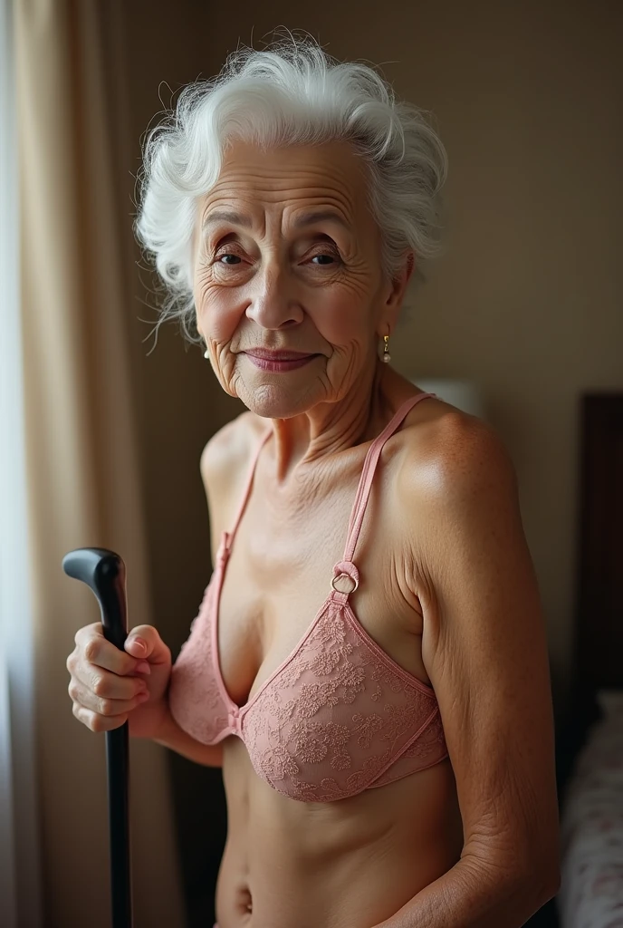 Androeda, solo, realistic, black girl, ((85-year-old girl)), ((mature)), ((old woman)), ((wrinkled woman)), african american old woman, old black woman, dark-skinned, (((upper body only))), ((at the bathroom)), ((selfie shot)), smiling, nude and naked, white hair