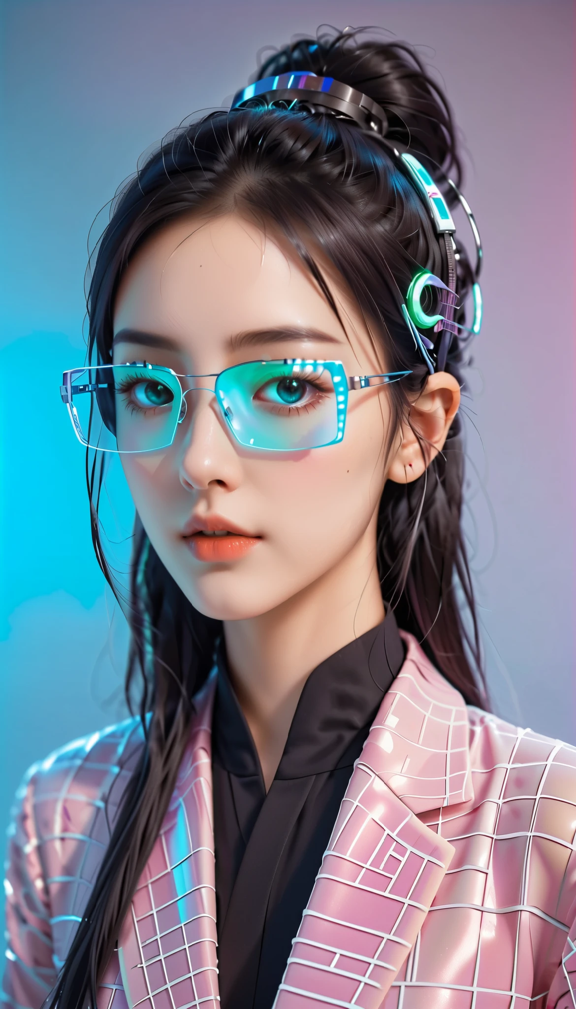 t expresses the beautiful appearance of artificial intelligence on various topics, and the background is matrix coding, Put on cybernetic goggles, A bit of pop art. It feels like a robot