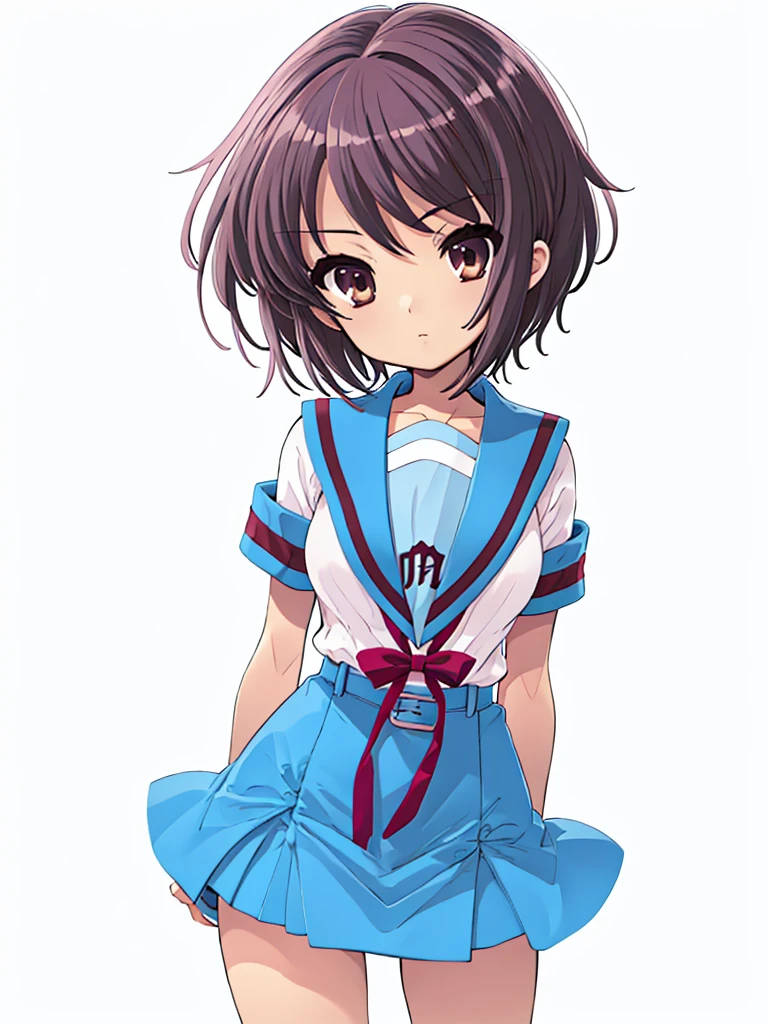 nagato, 1girl, nagato yuki, ((small breast)), arms behind back, school uniform, kita high school uniform, ny1, blue sailor collar, serafuku, blue skirt, serafuku, belt, buckle, sailor collar, white shirt, short sleeves, butterfly knot ribbon, red ribbon, simple background, expressionless