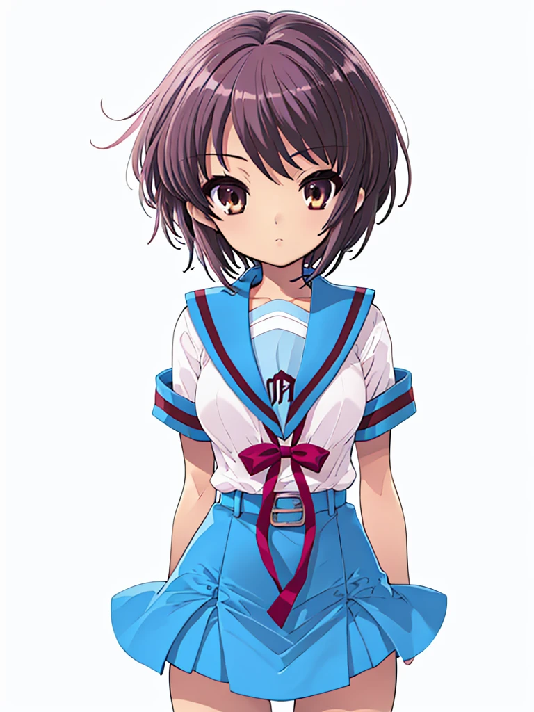 nagato, 1girl, nagato yuki, ((small breast)), arms behind back, school uniform, kita high school uniform, ny1, blue sailor collar, serafuku, blue skirt, serafuku, belt, buckle, sailor collar, white shirt, short sleeves, butterfly knot ribbon, red ribbon, simple background, expressionless