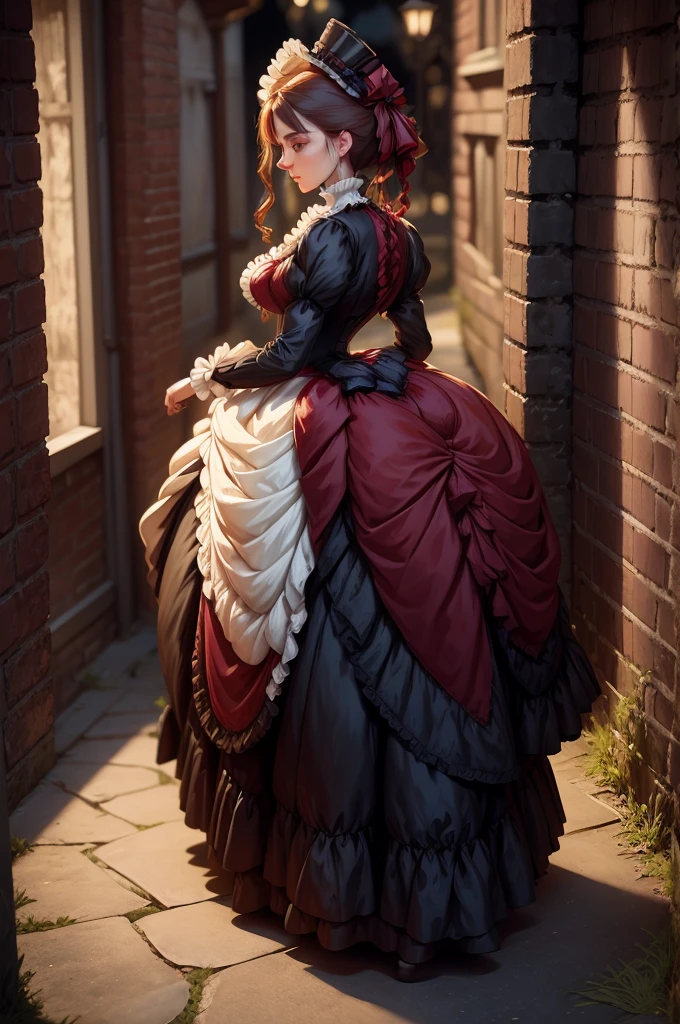 Noble ladies fashion full body in Victorian Era dress red, blue, green a conservative full body pose of a 1910 woman wearing a small hat and business attire and a long skirt , standing in a dark alleyway with gas lighting, a full moon in the background, beautiful character painting,Extremely dark 